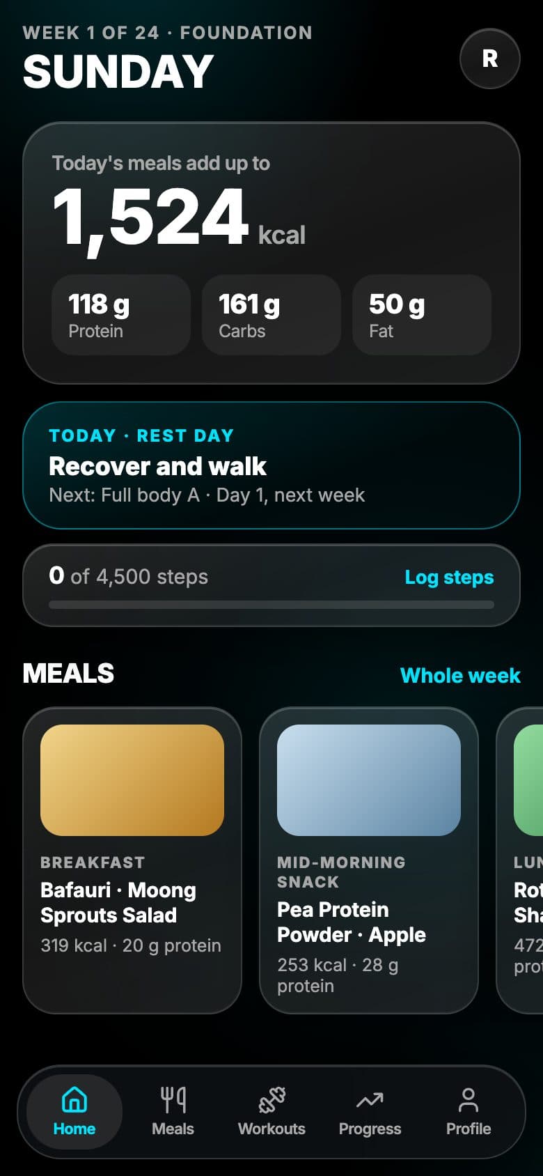 The app's Home screen: today's meals and their calories, the day's training, and the meals as cards