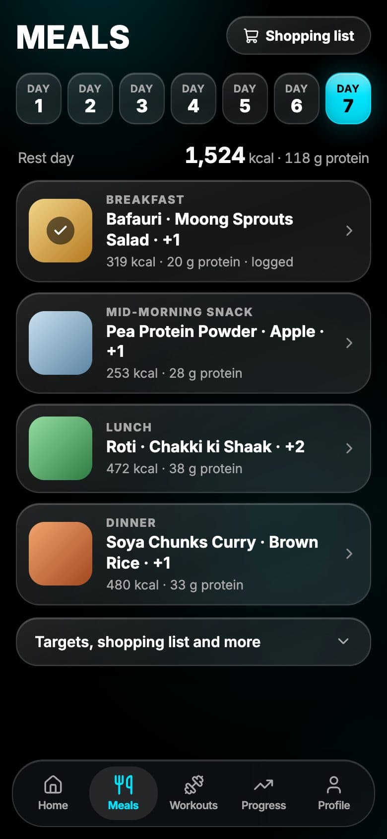 The Meals screen: the day's meals with calories and protein