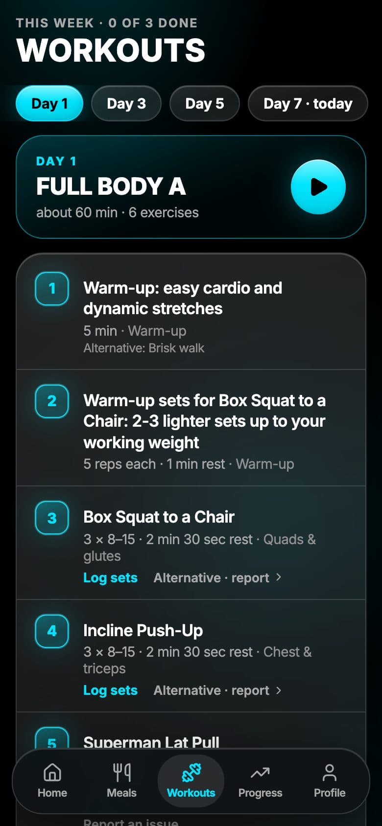 The Workouts screen: a session with its exercises, sets and rest