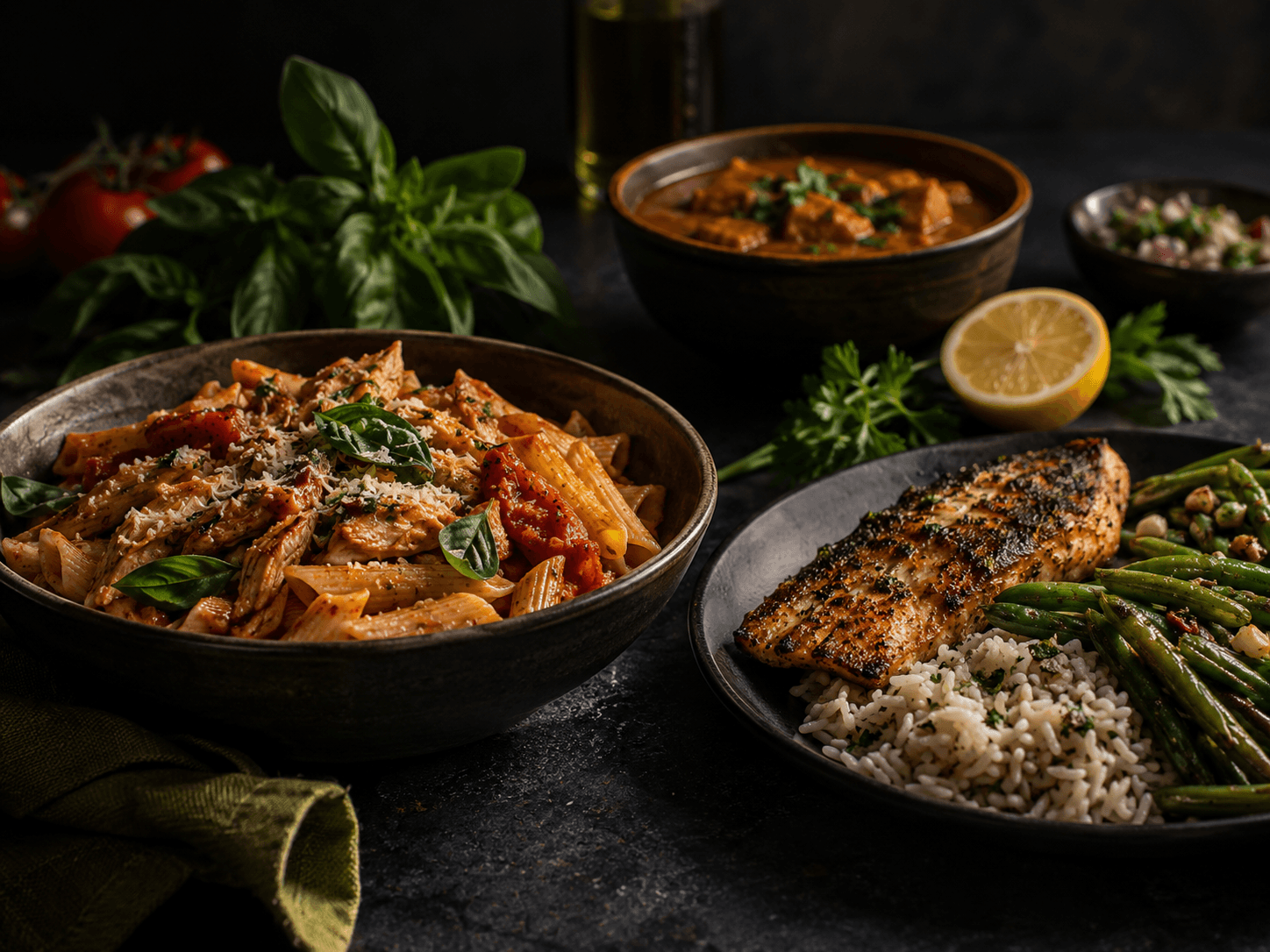 Chicken pasta, a curry, and grilled fish with rice and green beans on a dark table
