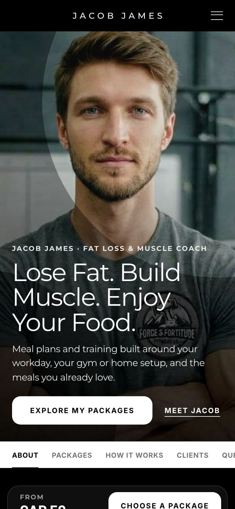 Jacob's sample storefront: his photo, headline and a button to his packages